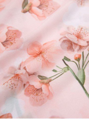 Fashion Ombre Peach Blossom Print Plunging Bowknot Tied Beach Cover Up Solid Boyleg 3 Pieces Tankini Swimsuit