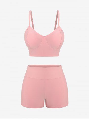 Fashion Ombre Peach Blossom Print Plunging Bowknot Tied Beach Cover Up Solid Boyleg 3 Pieces Tankini Swimsuit