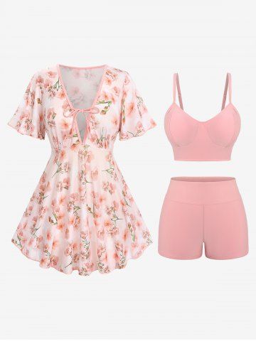 Fashion Ombre Peach Blossom Print Plunging Bowknot Tied Beach Cover Up Solid Boyleg 3 Pieces Tankini Swimsuit - LIGHT PINK - 4X | US 26-28