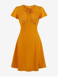 Plus Size Tie Ruched Zipper Solid Color 1950s Vintage Dress -  