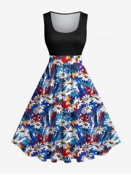 Robe Vintage Marguerite Fleur Peinture à L'Huile Imprimée de Grande Taille - Bleu 3X
