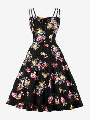Plus Size Flowers Leaf Print Tie Ruched Back Vintage Dress -  