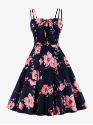 Plus Size Flowers Leaf Print Tie Ruched Back Vintage Dress -  