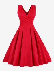 Plus Size Solid Color Surplice Pleated Side Zipper Tank 1950s Vintage Dress -  