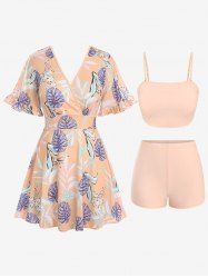 Maillot de Bain Tankini Feuille de Palmier et Cocotier Imprimés 3 Pièces - orange clair 3X | US 22-24