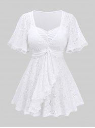 Plus Size Floral Embroidery Hollow Out Ruched Lace Trim Lettuce Ruffles T-shirt -  