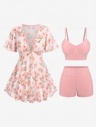 Fashion Ombre Peach Blossom Print Plunging Bowknot Tied Beach Cover Up Solid Boyleg 3 Pieces Tankini Swimsuit -  