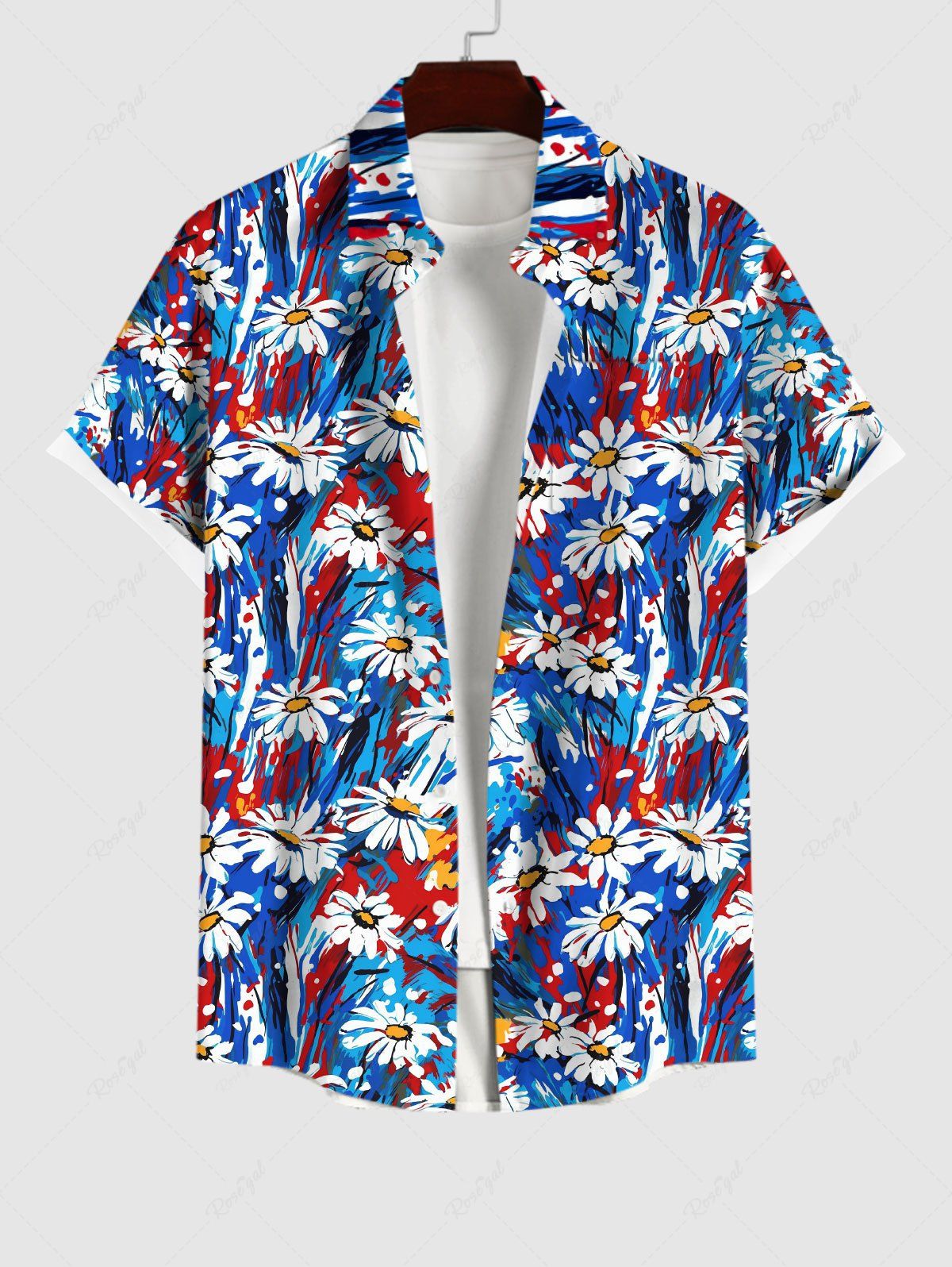 New Plus Size Daisy Flower Oil Painting Print Buttons Pocket Hawaii Shirt For Men  