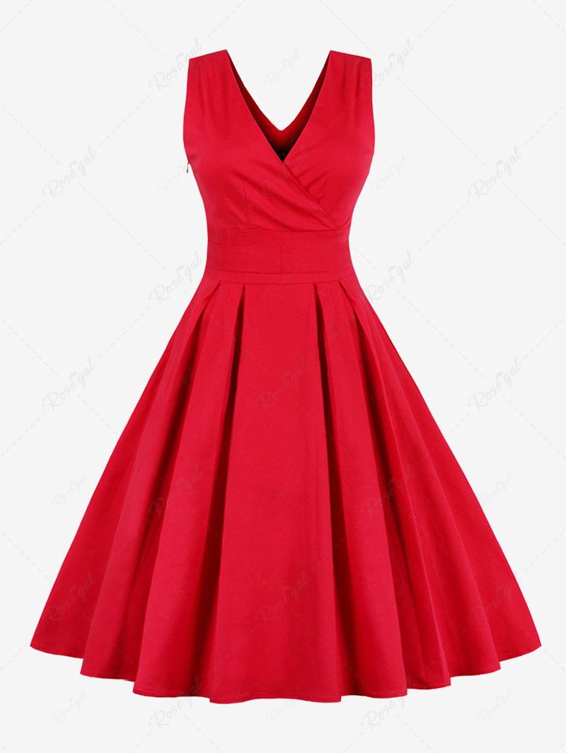 Fashion Plus Size Solid Color Surplice Pleated Side Zipper Tank 1950s Vintage Dress  