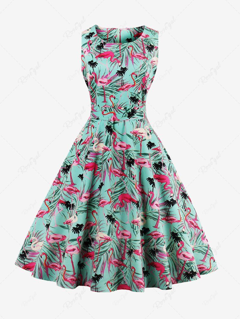 Best Plus Size Coconut Tree Leaf Flamingo Print 1950s Vintage Dress  