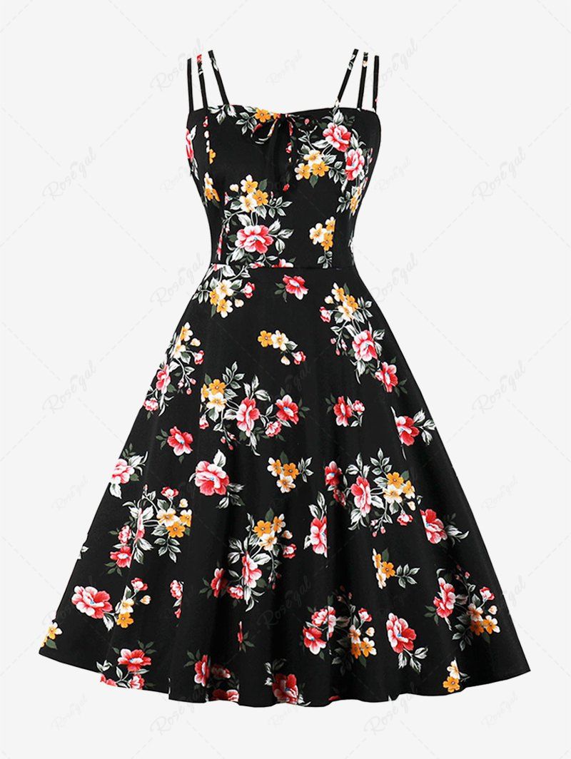 Chic Plus Size Flowers Leaf Print Tie Ruched Back Vintage Dress  