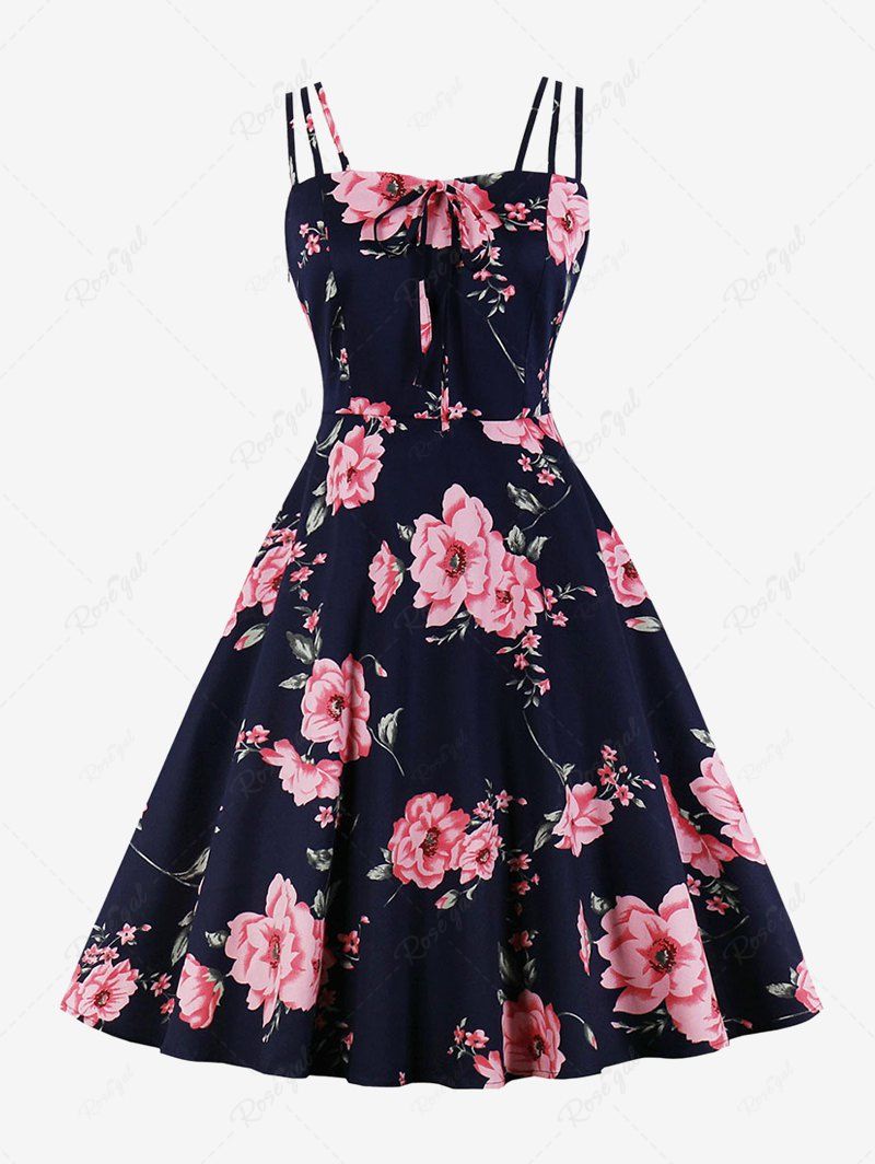 Shops Plus Size Flowers Leaf Print Tie Ruched Back Vintage Dress  