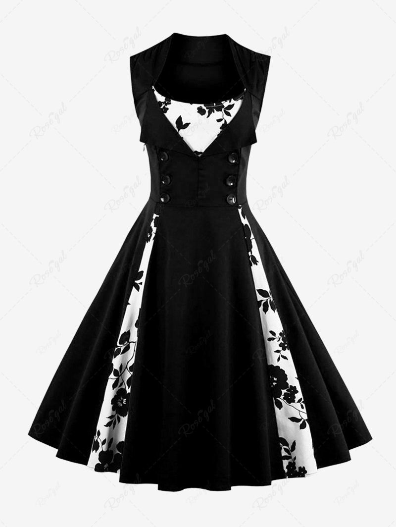 Affordable Plus Size Flower Leaf Print Patchwork Buttons Turn Down Collar 1950s Vintage Dress  