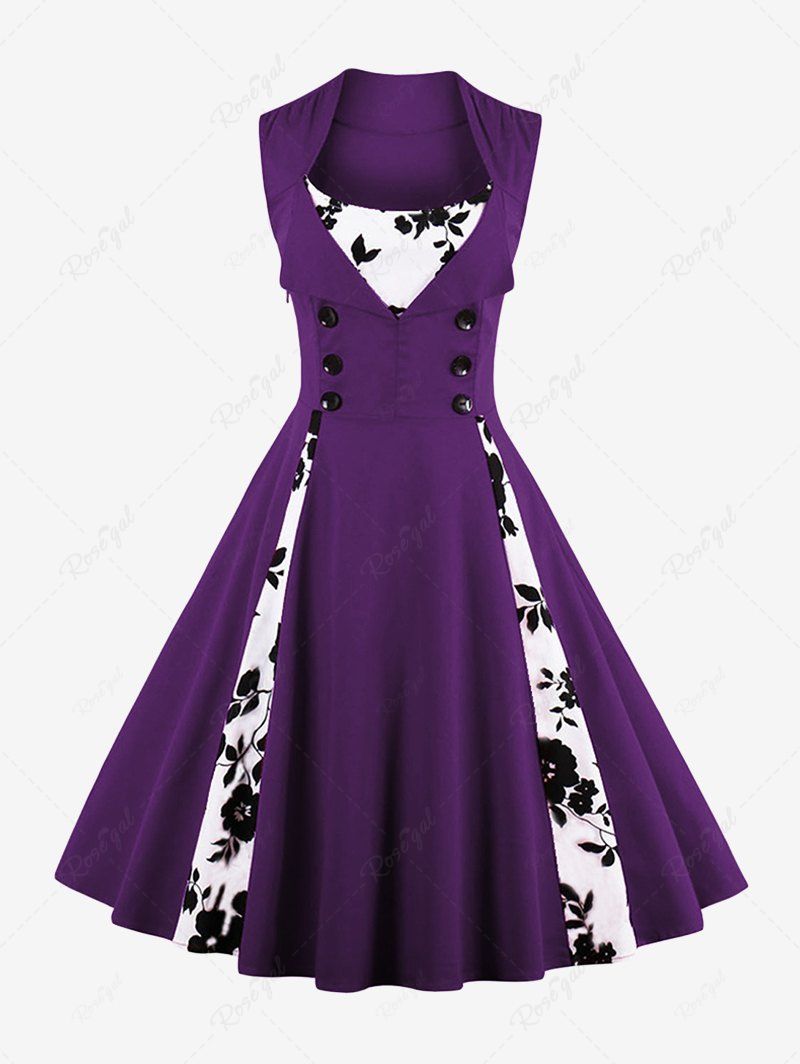Sale Plus Size Flower Leaf Print Patchwork Buttons Turn Down Collar 1950s Vintage Dress  