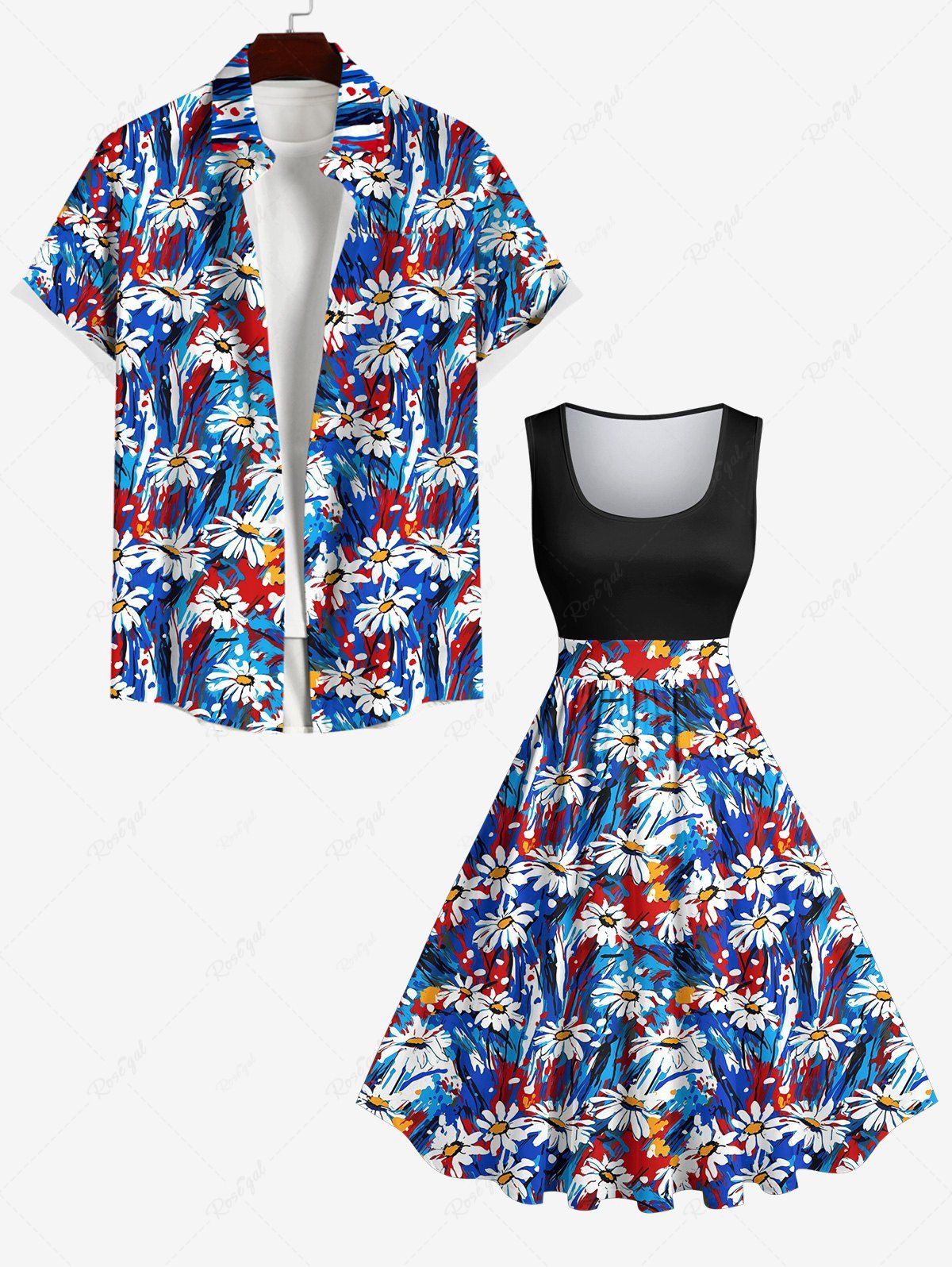 Unique Daisy Flower Oil Painting Print Plus Size Matching Hawaii Beach Outfit For Couples  