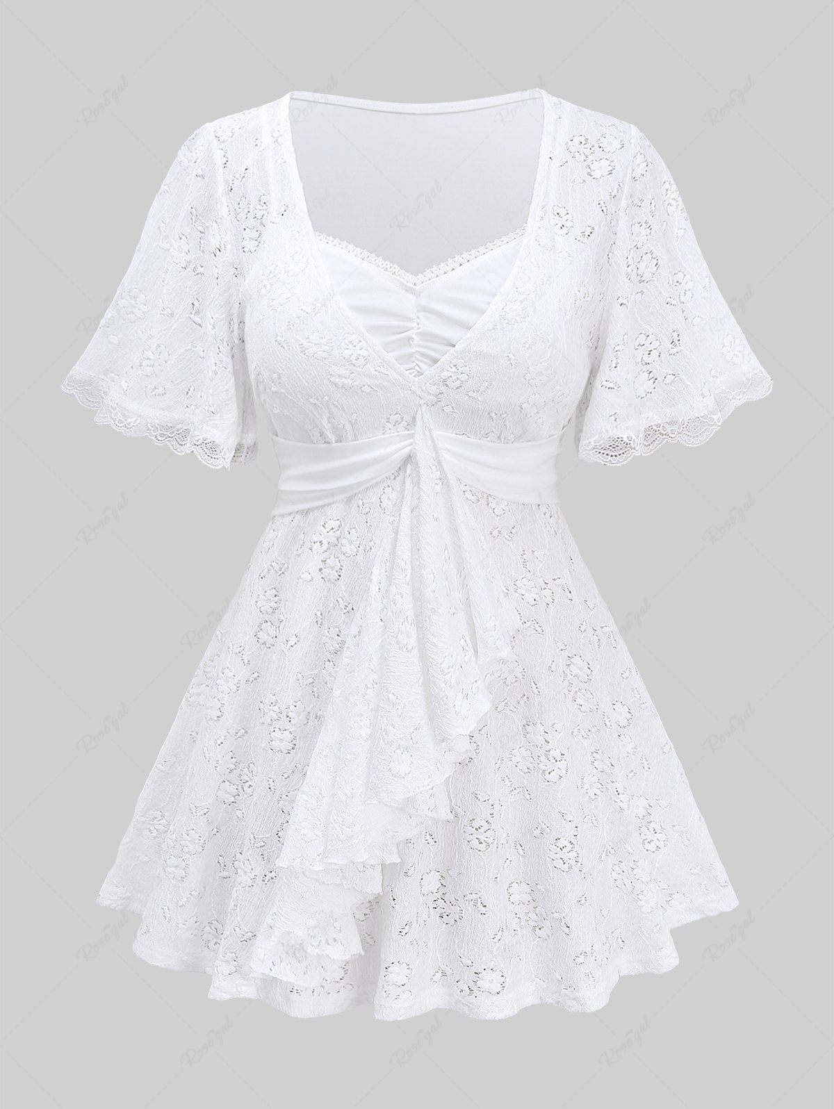 Shops Plus Size Floral Embroidery Hollow Out Ruched Lace Trim Lettuce Ruffles T-shirt  