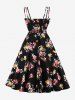 Plus Size Flowers Leaf Print Tie Ruched Back Vintage Dress -  