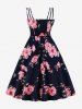 Plus Size Flowers Leaf Print Tie Ruched Back Vintage Dress -  