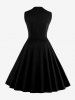 Plus Size Flower Leaf Print Patchwork Buttons Turn Down Collar 1950s Vintage Dress -  