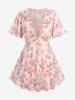 Fashion Ombre Peach Blossom Print Plunging Bowknot Tied Beach Cover Up Solid Boyleg 3 Pieces Tankini Swimsuit -  