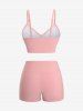 Fashion Ombre Peach Blossom Print Plunging Bowknot Tied Beach Cover Up Solid Boyleg 3 Pieces Tankini Swimsuit -  