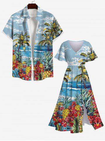 Pineapple Coconut Tree Flowers Sea Waves Cloud Print Plus Size Matching Hawaii Beach Outfit For Couples - MULTI-A