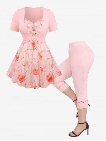 Ruched Pearl Buckle Ruffles Hot Stamping Flower Print Chiffon Cami Top and Heart Ring Ribbed Crop Top and Hollow Out Lace Trim Capri Leggings Plus Size Summer Outfit - LIGHT PINK