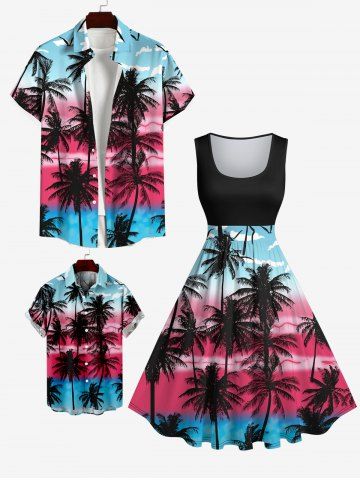 Coconut Tree Colorblock Cloud Birds Print Plus Size Matching Hawaii Beach Outfit For Family