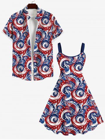 Patriotic American Flag Sea Waves Print Plus Size Matching Outfit For Couples