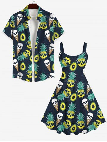 Skull Pineapple Heart Ice Cream Print Dress and Button Shirt Plus Size Matching Hawaii Beach Outfit For Couples - BLACK