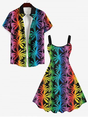 Colorful Ombre Coconut Tree Print Dress and Button Shirt Plus Size Matching Hawaii Beach Outfit For Couples - MULTI-A