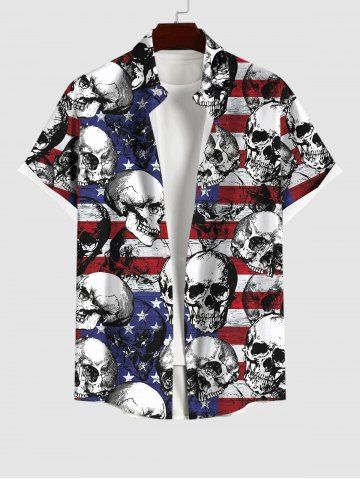 Plus Size American Flag Skulls Print Buttons Pocket Shirt For Men - BLACK - S