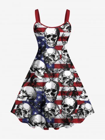 Plus Size American Flag Skulls Print Tank Dress - BLACK - 1X