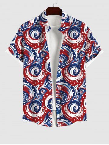 Plus Size American Flag Sea Waves Print Buttons Pocket Hawaii Shirt For Men - MULTI-A - M