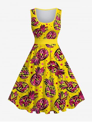 Plus Size Pineapple Print Hawaii 1950s Vintage Dress - YELLOW - S