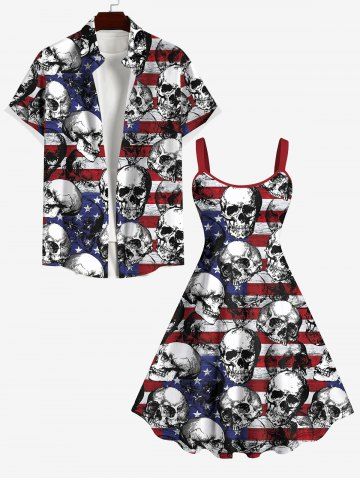 Patriotic American Flag Skulls Print Plus Size Matching Outfit For Couples - BLACK