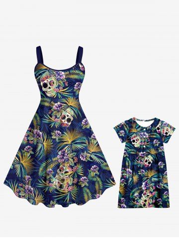 Coconut Tree Leaf Flower Print Dress Plus Size Matching Hawaii Beach Mommy & Me Outfit - DEEP BLUE