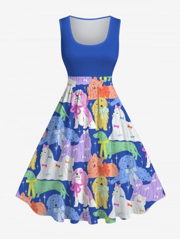 Plus Size Colorful Fluffy Dog Stars Print 1950s Sleeveless A Line Dress - BLUE - XS