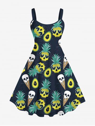 Plus Size Skull Pineapple Heart Ice Cream Print Hawaii Backless A Line Tank Dress - BLACK - XS