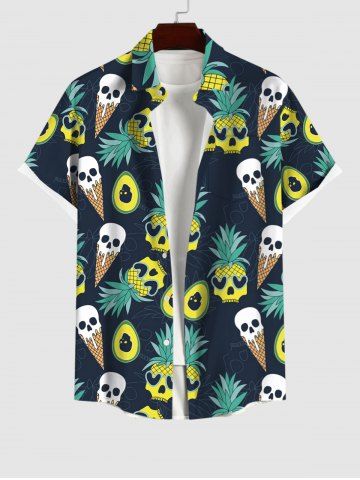 Plus Size Skull Pineapple Heart Ice Cream Print Hawaii Button Pocket Shirt For Men - BLACK - S