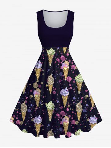 Plus Size Ice Cream Painting Splatter Print 1950s Vintage A Line Dress - BLACK - M
