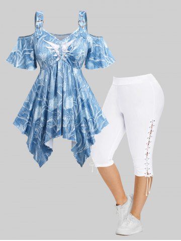 Ripped Braided Floral Print Heart Buckle Grommet Ombre Top and Lace Up Side Pants Plus Size Matching Set - BLUE