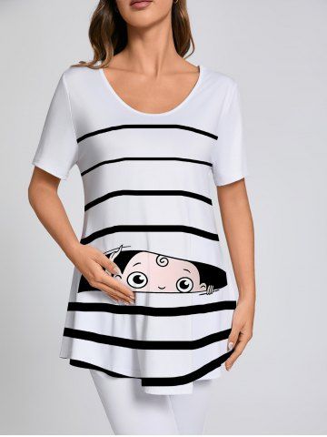 Plus Size Striped Baby Ripped 3D Print Maternity T-shirt - WHITE - S
