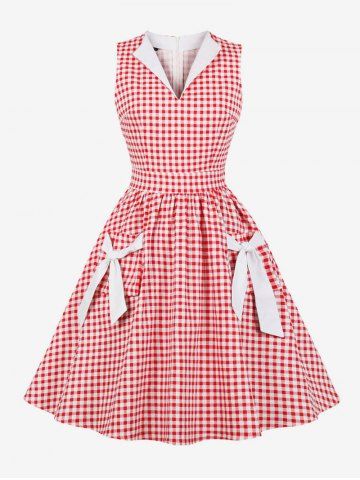 Plus Size Plaid Print Bowknot Pockets Ruched Zipper 1950s Vintage Dress - LIGHT PINK - L