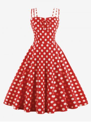 Plus Size Polka Dot Print Tie Bowknot Vintage Tank Dress - RED - M