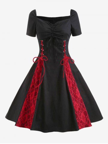 Plus Size Cinched Lace-up Floral Lace Patchwork Zipper 1950s Vintage Dress - BLACK - M