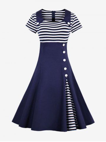 Plus Size Stripes Print Buttons Patchwork Asymmetrical Zipper 1950s Vintage Dress - BLUE - M