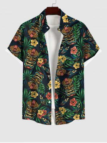 Plus Size Tiki Mask Palm Leaf Hibiscus Flowers Print Buttons Pocket Hawaii Shirt For Men - MULTI-A - S