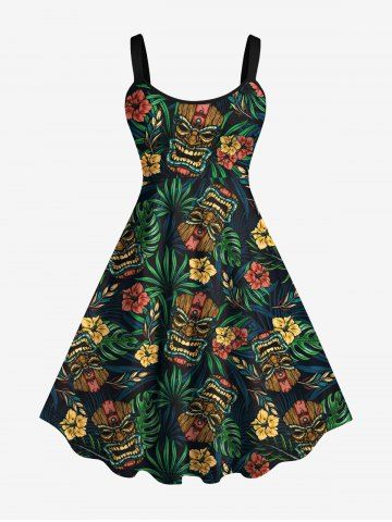 Plus Size Tiki Mask Palm Leaf Hibiscus Flowers Print Hawaii Tank Dress - MULTI-A - XS