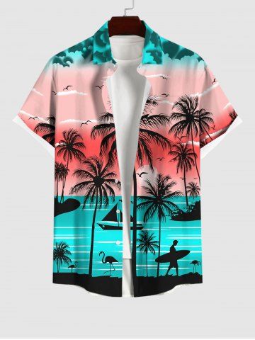 Plus Size Coconut Tree Sea Beach Ombre Galaxy Sun Print Hawaii Button Pocket Shirt For Men - BLUE - S